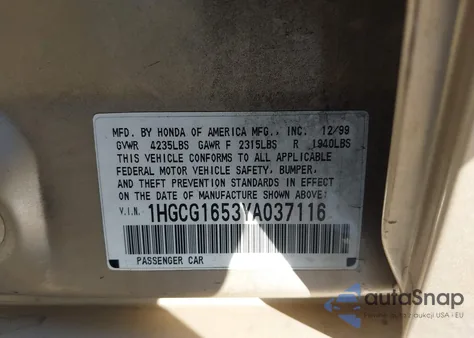 2000 Honda Accord 3.0 Ex из США, поврежденный, VIN 1HGCG1653YA037116